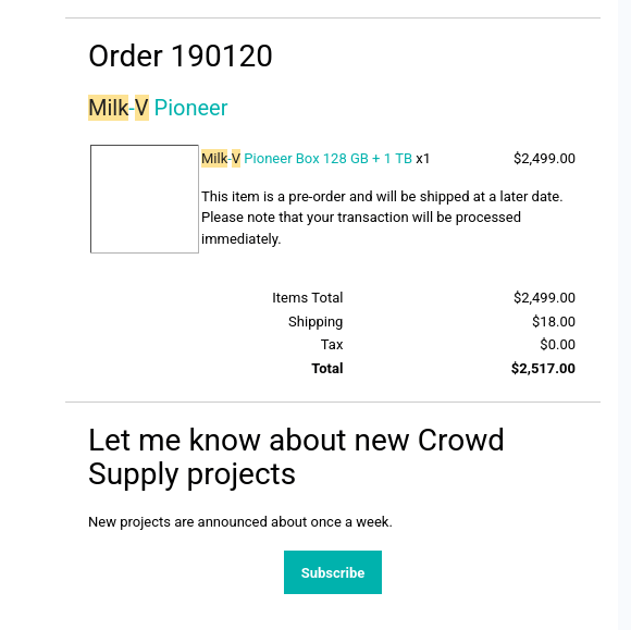 Crowd Supply order confirmation email