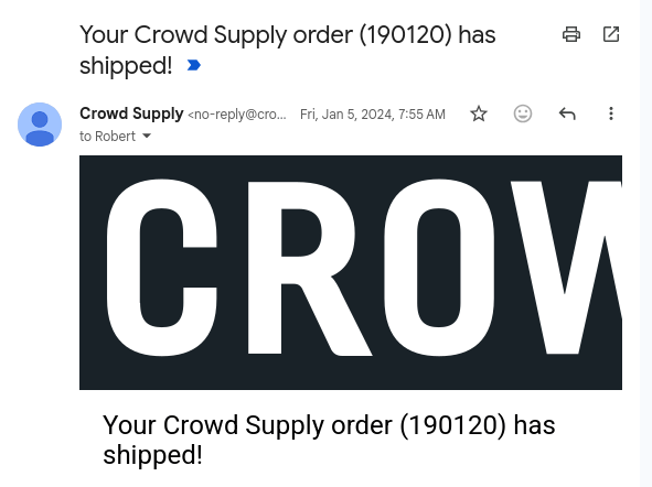 Crowd Supply shipping email